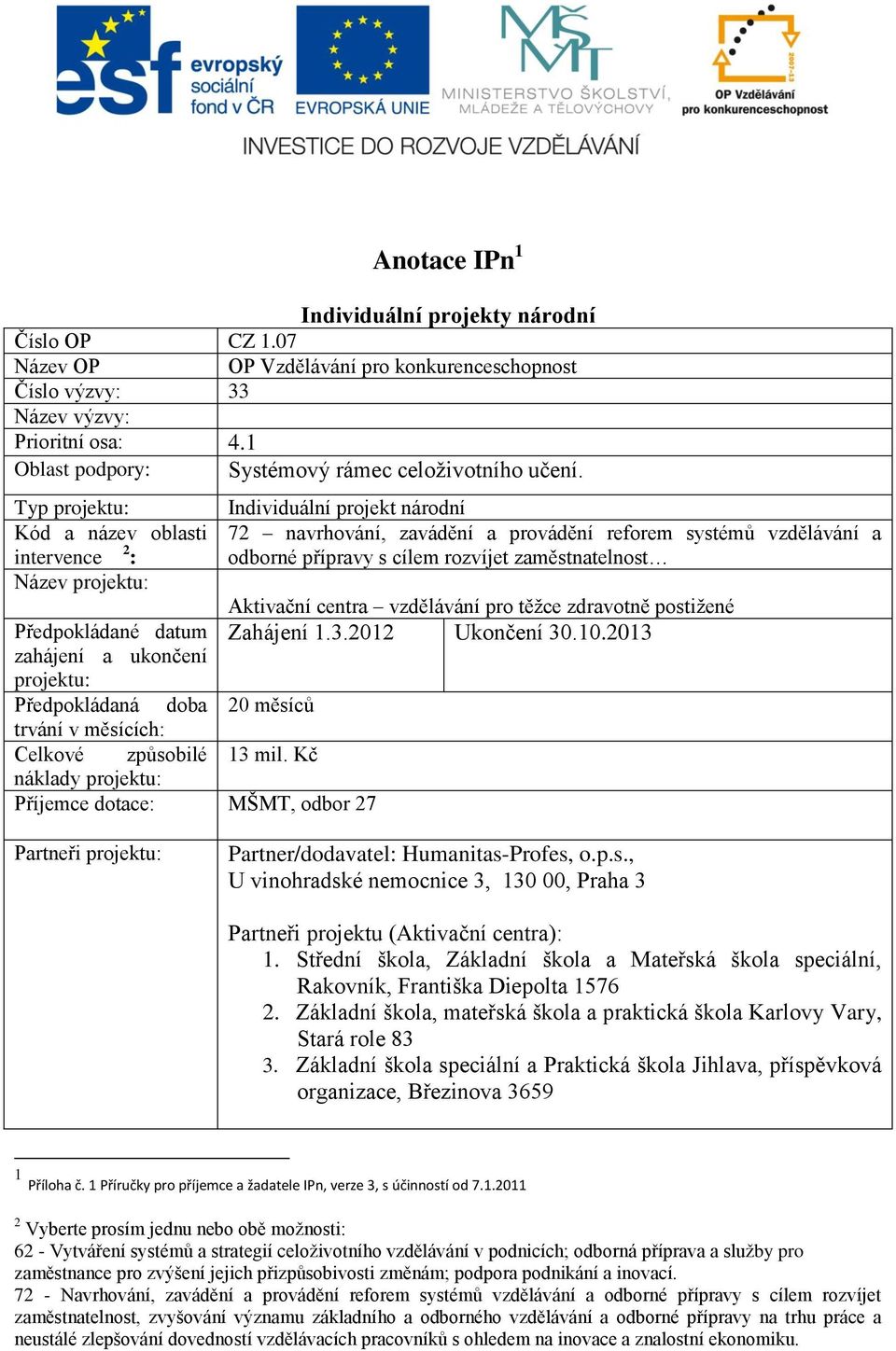 Typ Kód a název oblasti intervence 2 : Název Předpokládané datum zahájení a ukončení Předpokládaná doba trvání v měsících: Celkové způsobilé náklady Individuální projekt národní 72 navrhování,