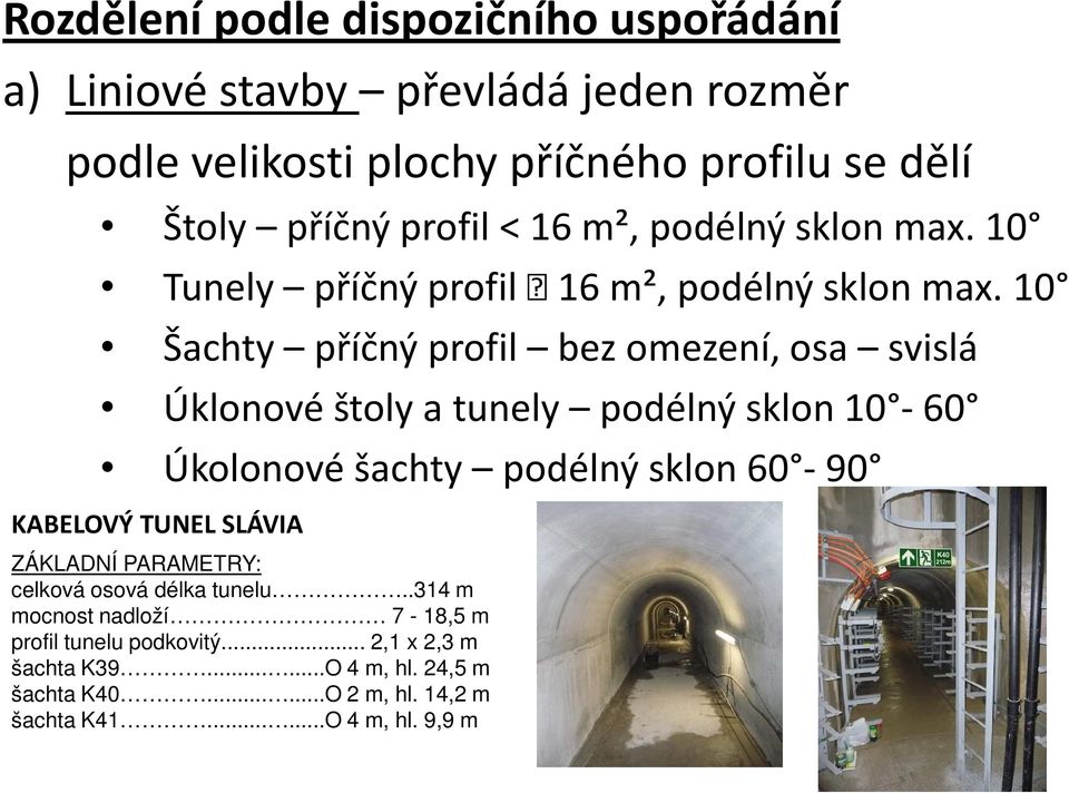 10 Šachty příčný profil bez omezení, osa svislá Úklonové štoly a tunely podélný sklon 10-60 Úkolonové šachty podélný sklon 60-90 KABELOVÝ TUNEL