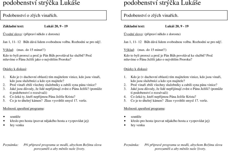 Kdo je (v duchovní oblasti) tím majitelem vinice, kdo jsou vinaři, kdo jsou služebníci a kdo syn majitele? 2. Proč vinaři zbili všechny služebníky a zabili syna pána vinice? 3.