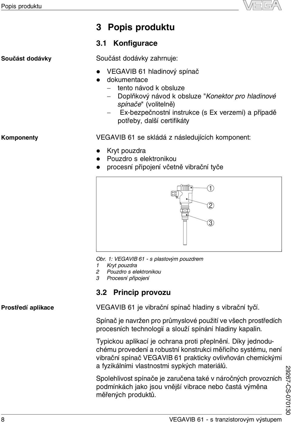 Ex-bezpečnostní instrukce (s Ex verzemi) apřípadě potřeby, daší certifikáty VEGAVIB 61 se skádá z násedujících komponent: Kryt pouzdra Pouzdro s eektronikou procesní připojení včetně vibrační tyče 1