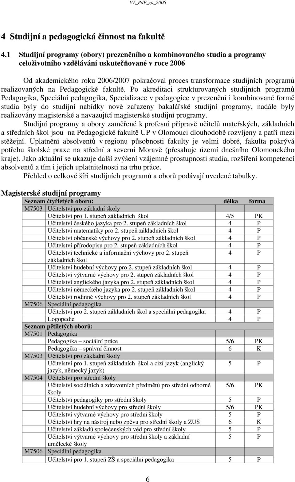 programů realizovaných na Pedagogické fakultě.