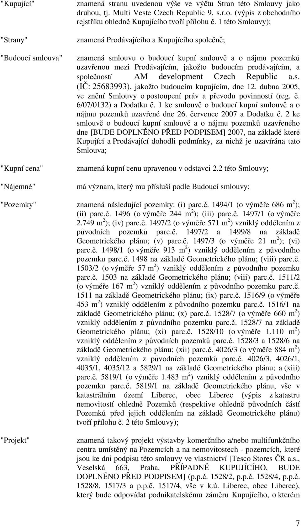 development Czech Republic a.s. (IČ: 25683993), jakožto budoucím kupujícím, dne 12. dubna 2005, ve znění Smlouvy o postoupení práv a převodu povinností (reg. č. 6/07/0132) a Dodatku č.