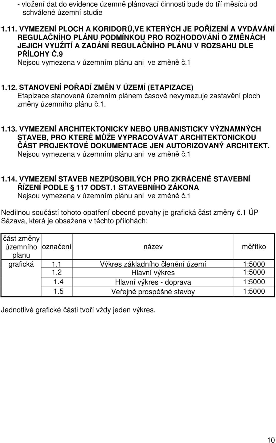 9 Nejsou vymezena v územním plánu ani ve změně č.1 1.12. STANOVENÍ POŘADÍ ZMĚN V ÚZEMÍ (ETAPIZACE) Etapizace stanovená územním plánem časově nevymezuje zastavění ploch změny územního plánu č.1. 1.13.