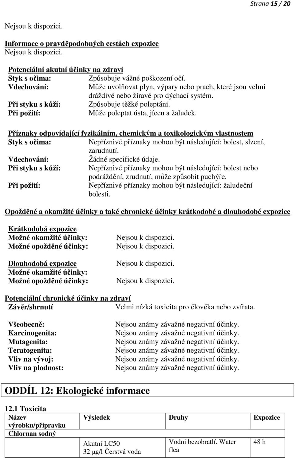 Při požití: Může poleptat ústa, jícen a žaludek.