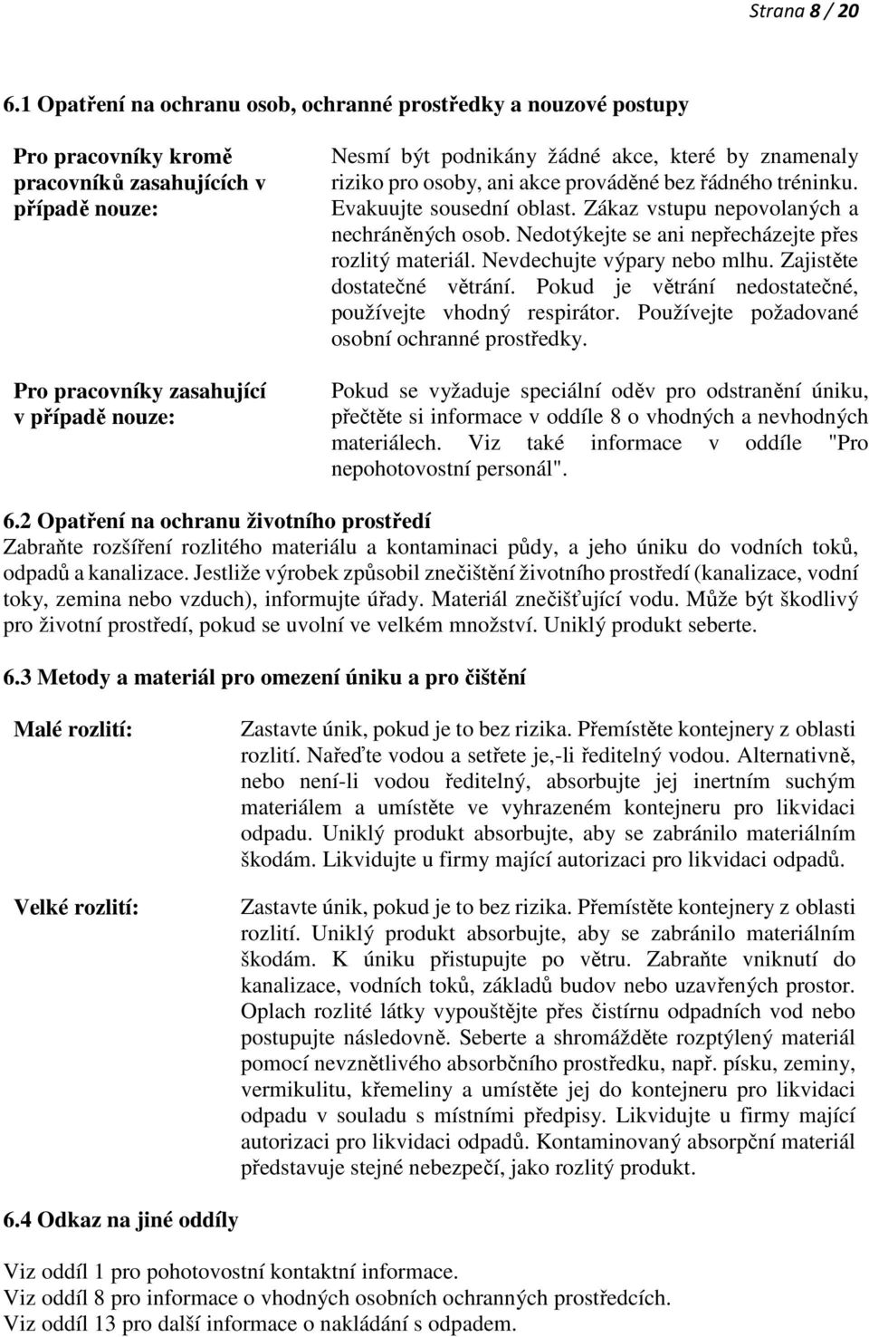 akce, které by znamenaly riziko pro osoby, ani akce prováděné bez řádného tréninku. Evakuujte sousední oblast. Zákaz vstupu nepovolaných a nechráněných osob.