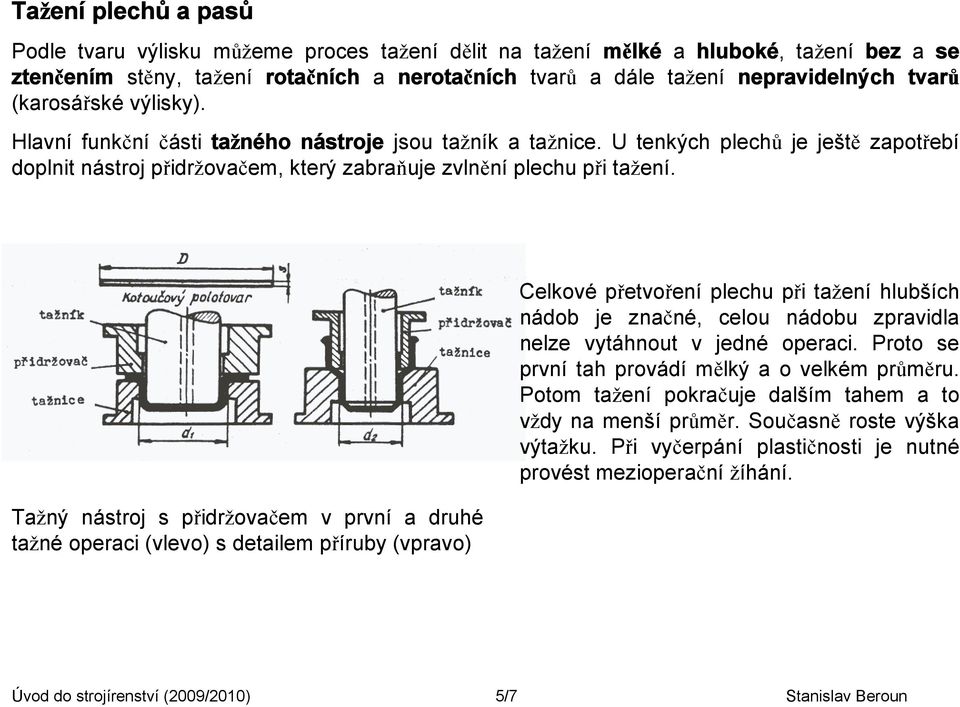 Tažný nástroj s přidržovačem v první a druhé tažné operaci (vlevo) s detailem příruby (vpravo) Celkové přetvoření plechu při tažení hlubších nádob je značné, celou nádobu zpravidla nelze vytáhnout v