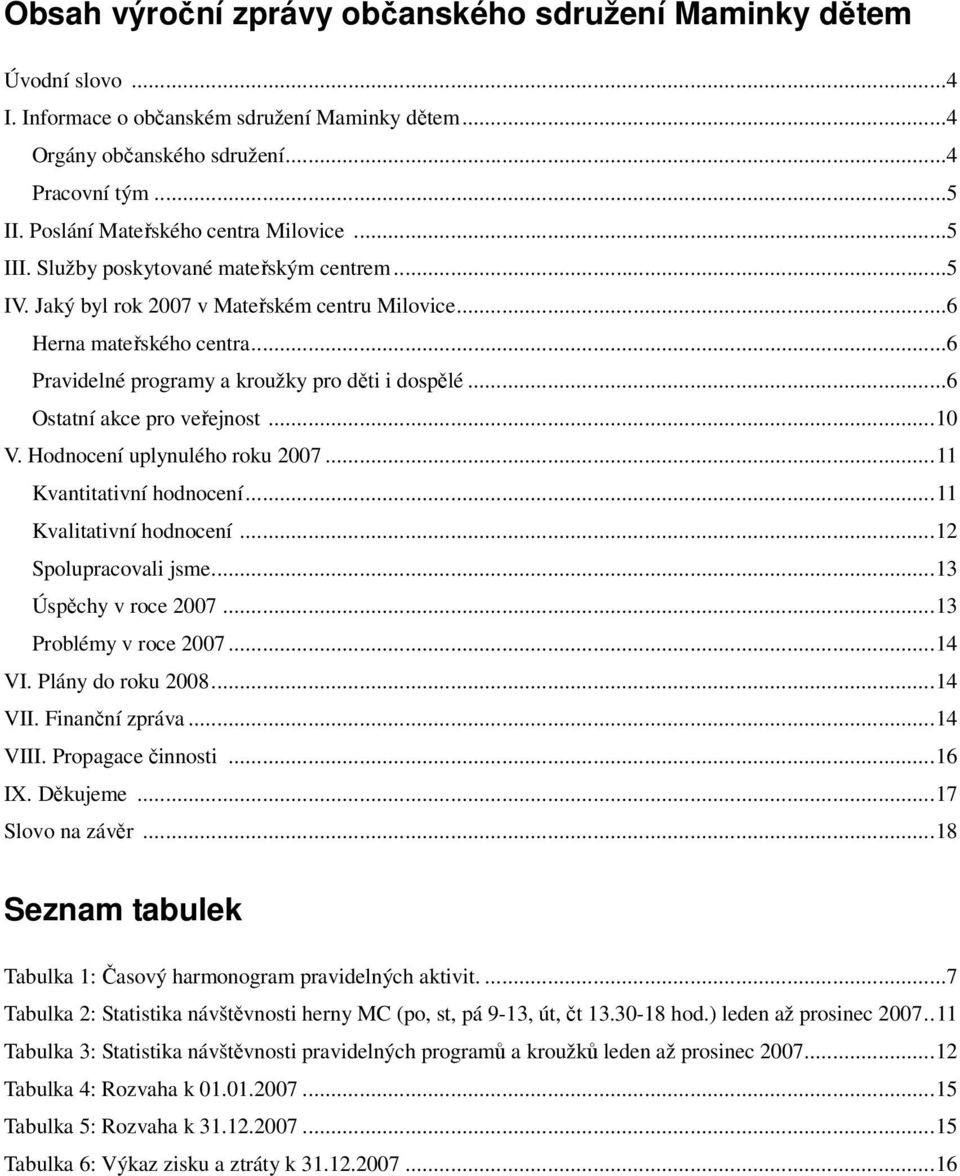 ..6 Pravidelné programy a kroužky pro děti i dospělé...6 Ostatní akce pro veřejnost...10 V. Hodnocení uplynulého roku 2007...11 Kvantitativní hodnocení...11 Kvalitativní hodnocení.