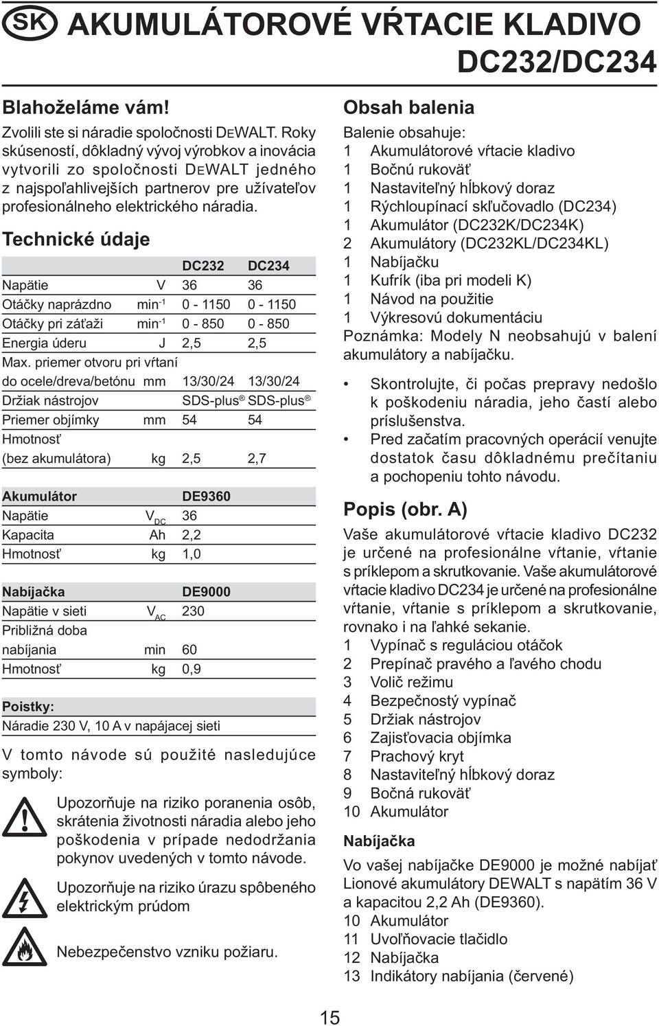 Technické údaje DC232 DC234 Napätie V 36 36 Otáčky naprázdno min -1 0-1150 0-1150 Otáčky pri záťaži min -1 0-850 0-850 Energia úderu J 2,5 2,5 Max.