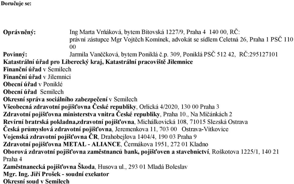 309, Poniklá PSČ 512 42, RČ:295127101 Katastrální úřad pro Liberecký kraj, Katastrální pracoviště Jilemnice Finanční úřad v Semilech Finanční úřad v Jilemnici Obecní úřad v Poniklé Obecní úřad