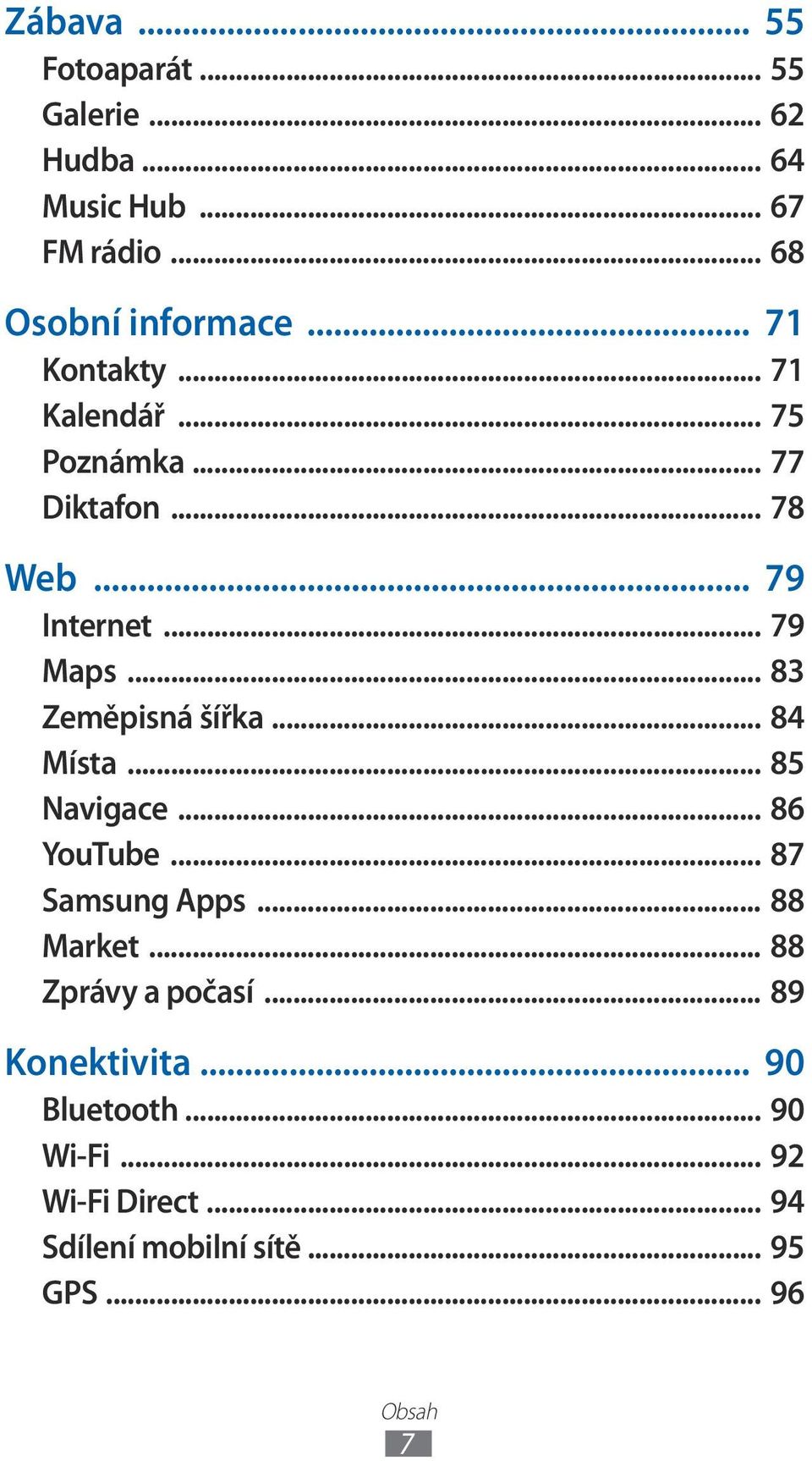 .. 83 Zeměpisná šířka... 84 Místa... 85 Navigace... 86 YouTube... 87 Samsung Apps... 88 Market.