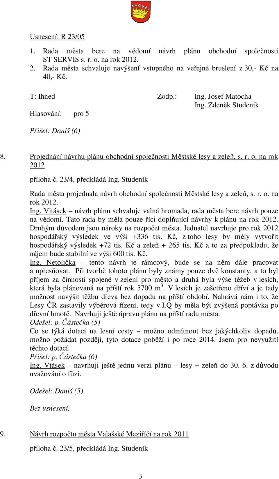 Studeník Rada města projednala návrh obchodní společnosti Městské lesy a zeleň, s. r. o. na rok 2012. Ing. Vitásek návrh plánu schvaluje valná hromada, rada města bere návrh pouze na vědomí.