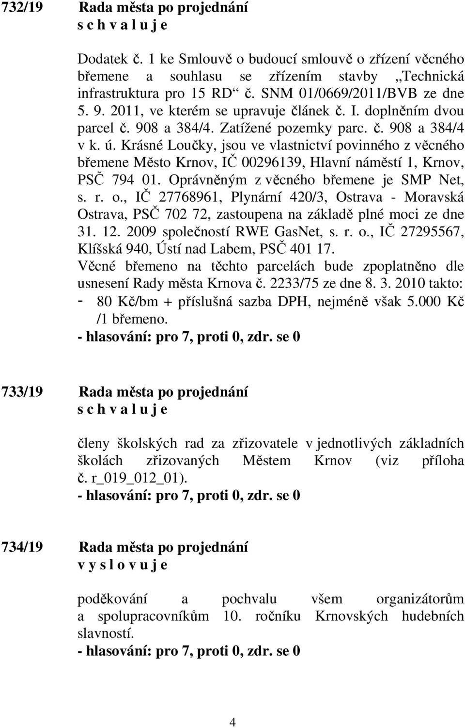 Krásné Loučky, jsou ve vlastnictví povinného z věcného břemene Město Krnov, IČ 00296139, Hlavní náměstí 1, Krnov, PSČ 794 01. Oprávněným z věcného břemene je SMP Net, s. r. o.