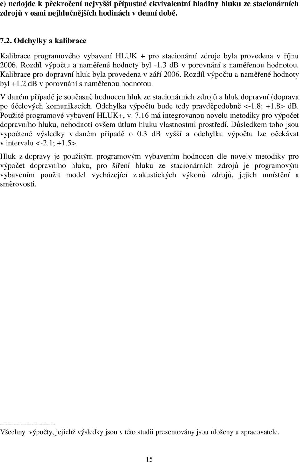 Kalibrace pro dopravní hluk byla provedena v září 2006. Rozdíl výpočtu a naměřené hodnoty byl +1.2 db v porovnání s naměřenou hodnotou.