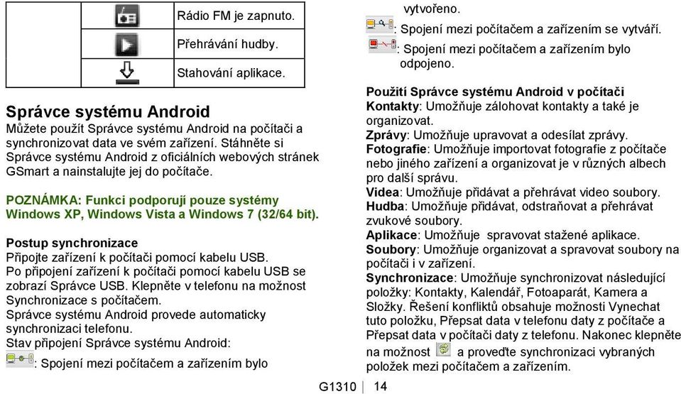 Postup synchronizace Připojte zařízení k počítači pomocí kabelu USB. Po připojení zařízení k počítači pomocí kabelu USB se zobrazí Správce USB.