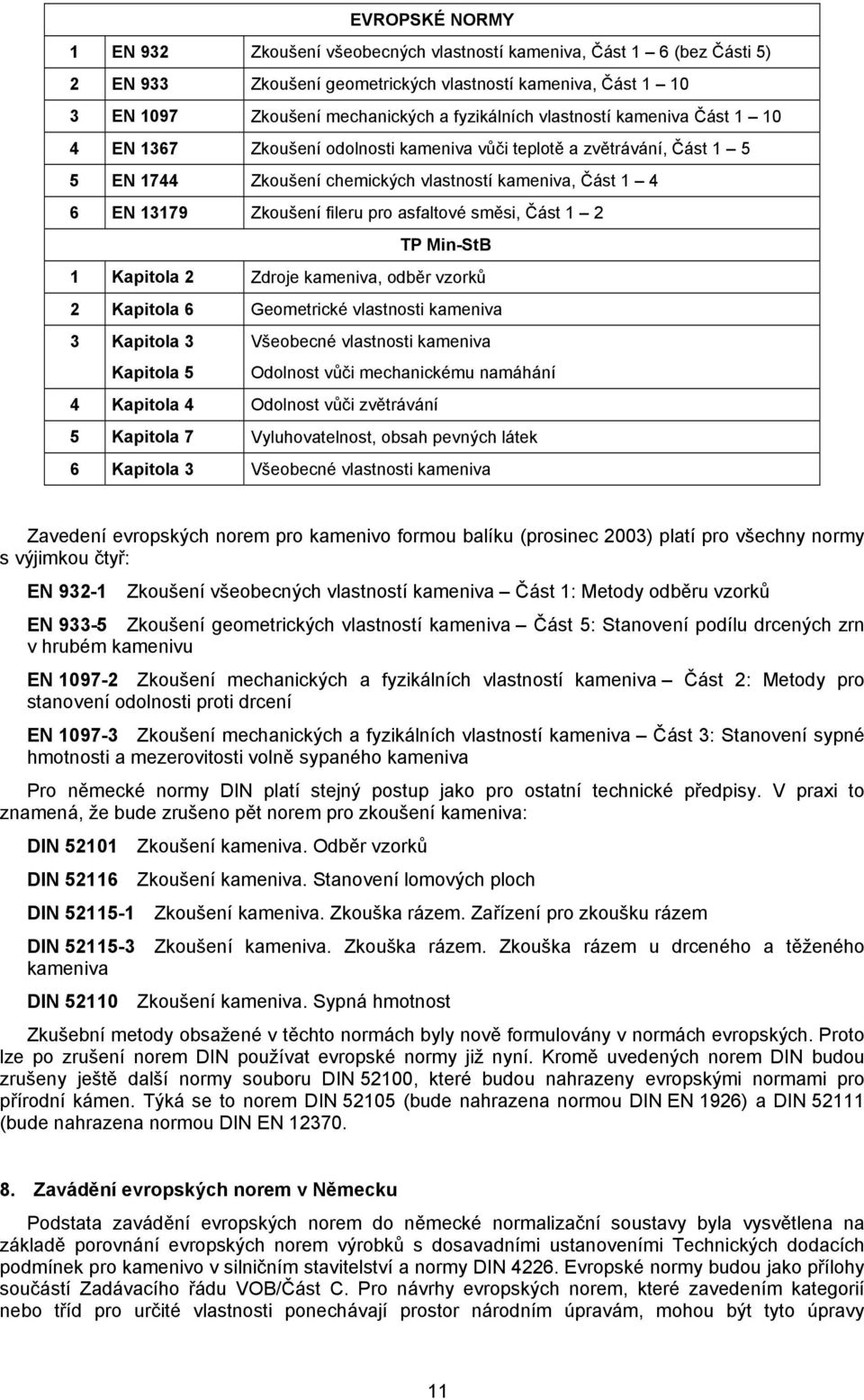 asfaltové směsi, Část 1 2 TP Min-StB 1 Kapitola 2 Zdroje kameniva, odběr vzorků 2 Kapitola 6 Geometrické vlastnosti kameniva 3 Kapitola 3 Kapitola 5 Všeobecné vlastnosti kameniva Odolnost vůči