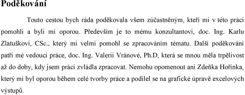 Další poděkování patří mé vedoucí práce, doc. Ing. Valerii Vránové, Ph.