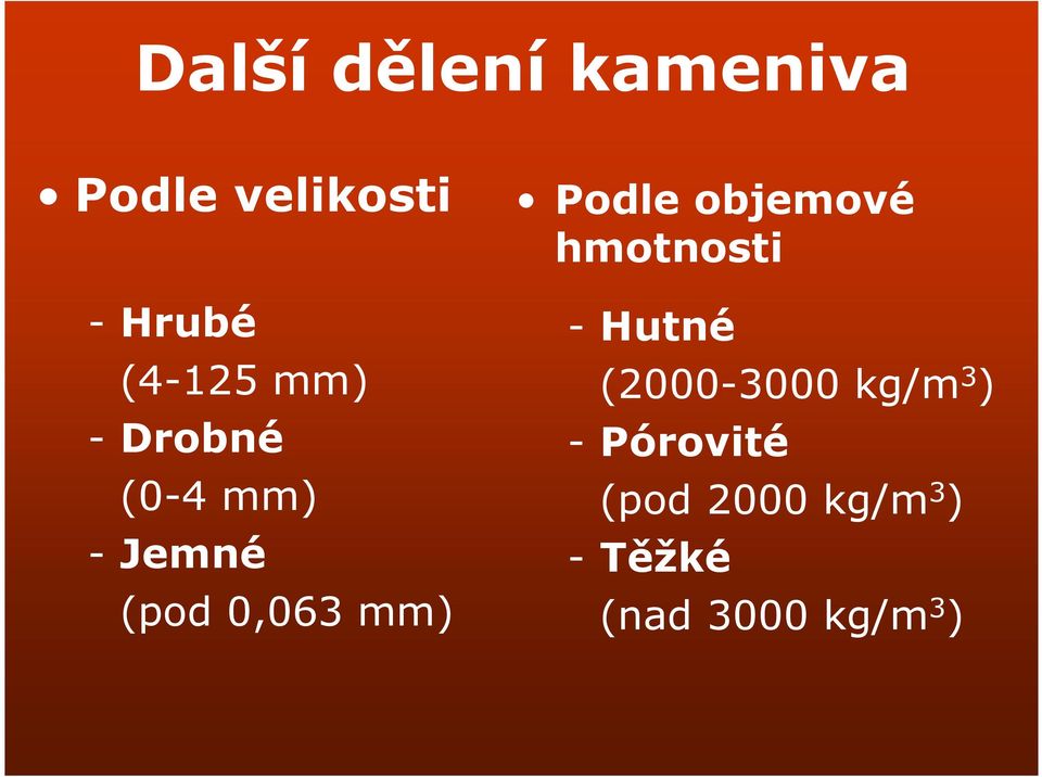 (2000-3000 kg/m 3 ) - Drobné - Pórovité (0-4 mm)