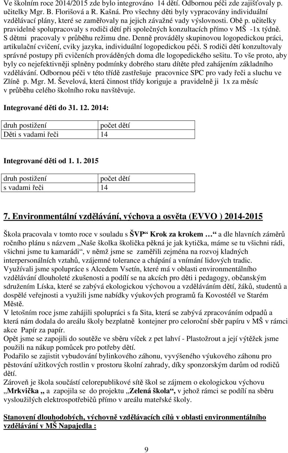 učitelky pravidelně spolupracovaly s rodiči dětí při společných konzultacích přímo v MŠ -1x týdně. S dětmi pracovaly v průběhu režimu dne.