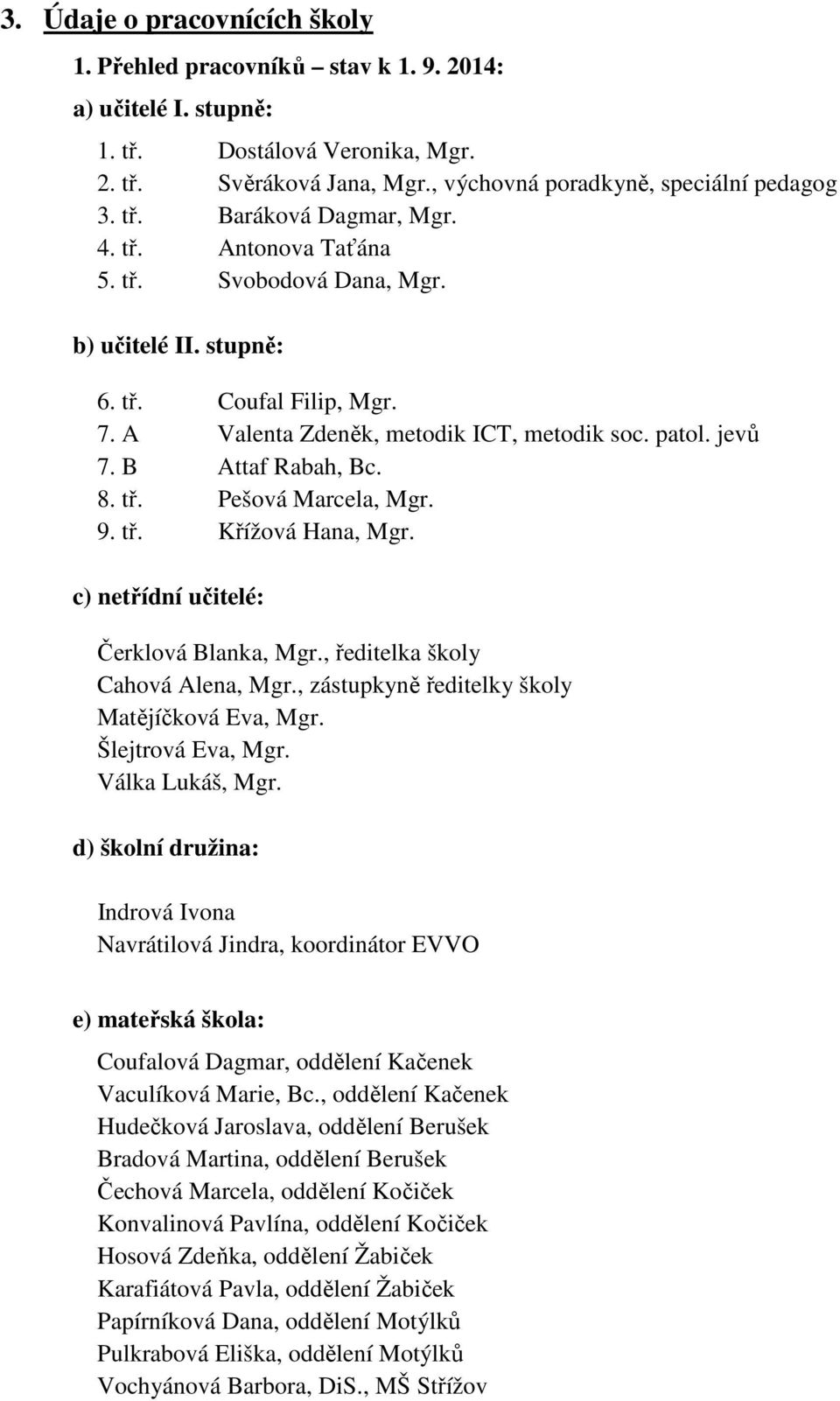 9. tř. Křížová Hana, Mgr. c) netřídní učitelé: Čerklová Blanka, Mgr., ředitelka školy Cahová Alena, Mgr., zástupkyně ředitelky školy Matějíčková Eva, Mgr. Šlejtrová Eva, Mgr. Válka Lukáš, Mgr.