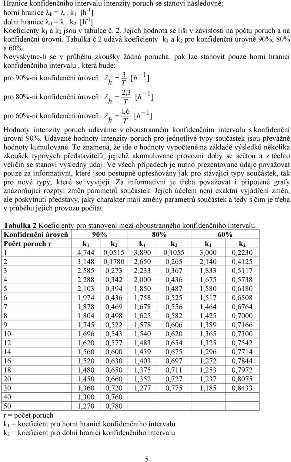 2 udává koeficienty k 1 a k 2 pro konfidenční úrovně 90%, 80% a 60%.