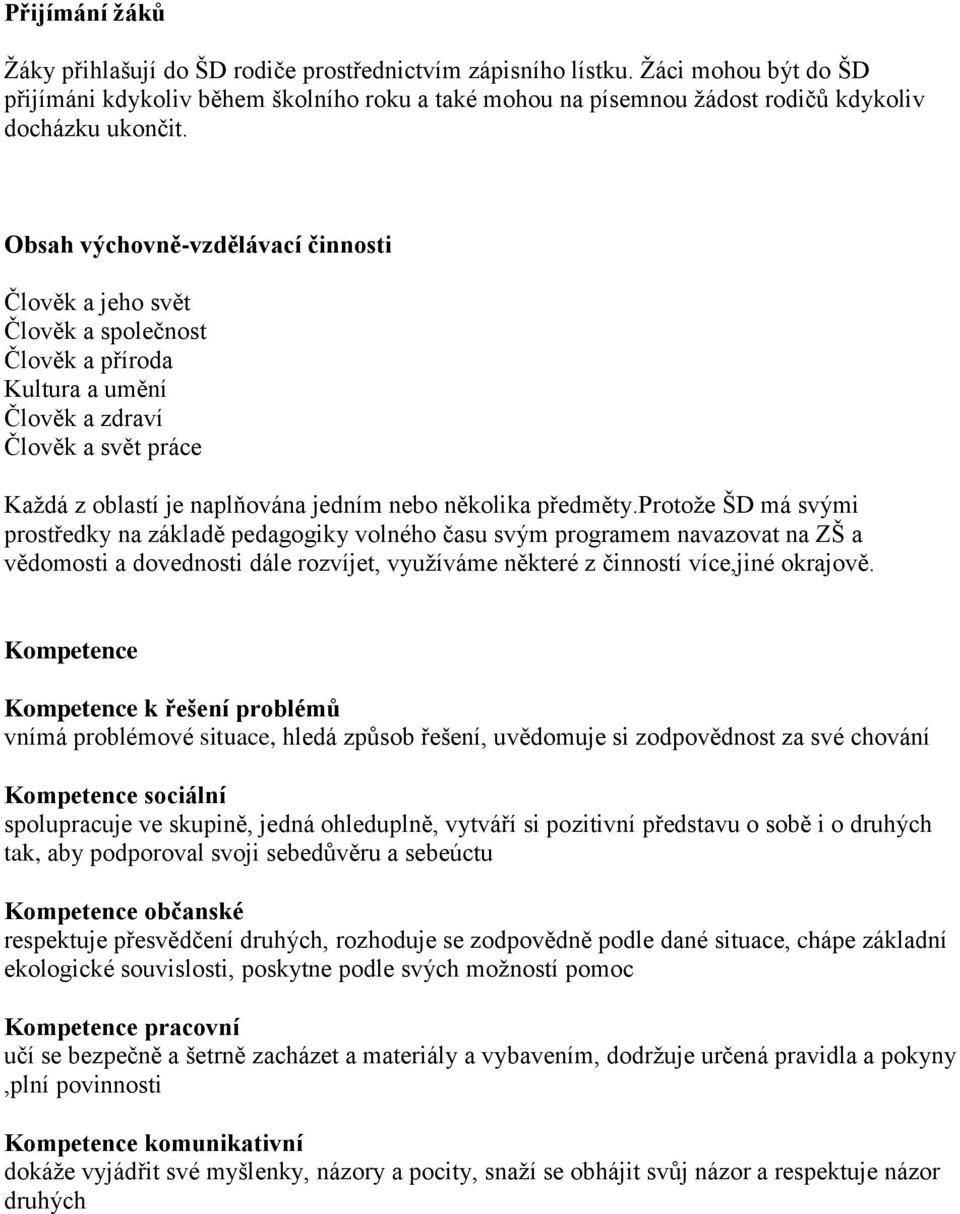 Obsah výchovně-vzdělávací činnosti Člověk a jeho svět Člověk a společnost Člověk a příroda Kultura a umění Člověk a zdraví Člověk a svět práce Každá z oblastí je naplňována jedním nebo několika