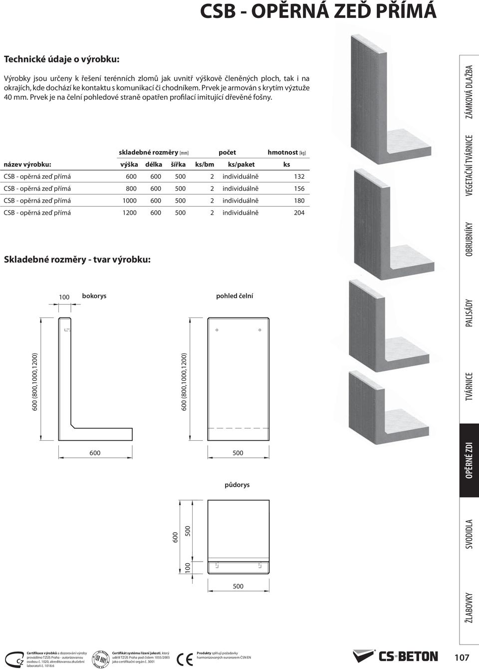skladebné rozměry [mm] počet hmotnost [kg] název výrobku: výška délka šířka ks/bm ks/paket ks CSB - opěrná zeď přímá 2 individuálně 132 CSB - opěrná zeď přímá 800 2
