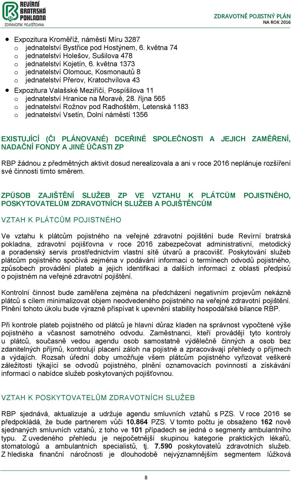 října 565 jednatelství Ržnv pd Radhštěm, Letenská 1183 jednatelství Vsetín, Dlní náměstí 1356 EXISTUJÍCÍ (ČI PLÁNOVANÉ) DCEŘINÉ SPOLEČNOSTI A JEJICH ZAMĚŘENÍ, NADAČNÍ FONDY A JINÉ ÚČASTI ZP RBP žádnu