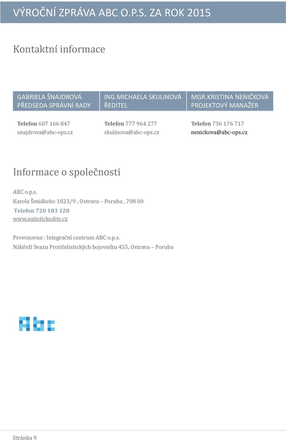 cz Telefon 736 176 717 nenickova@abc-ops.cz Informace o společnosti ABC o.p.s. Karola Šmidkeho 1823/9, Ostrava Poruba, 708 00 Telefon 720 183 128 www.