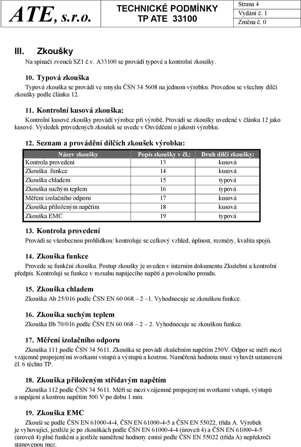 Výsledek provedených zkoušek se uvede v Osvědčení o jakosti výrobku. 12. Seznam a provádění dílčích zkoušek výrobku: Název zkoušky Popis zkoušky v čl.