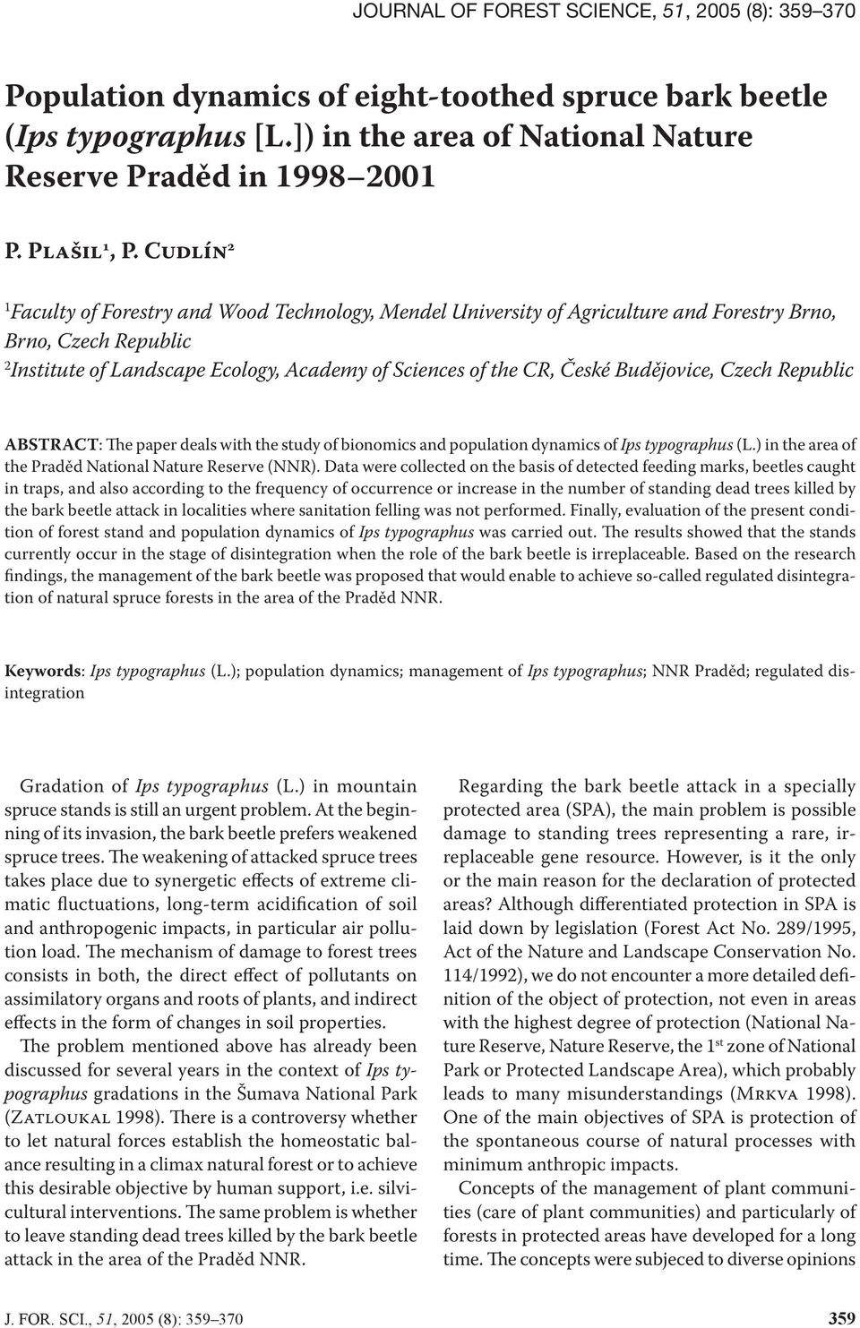 Budějovice, Czech Republic ABSTRACT: The paper deals with the study of bionomics and population dynamics of Ips typographus (L.) in the area of the Praděd National Nature Reserve (NNR).