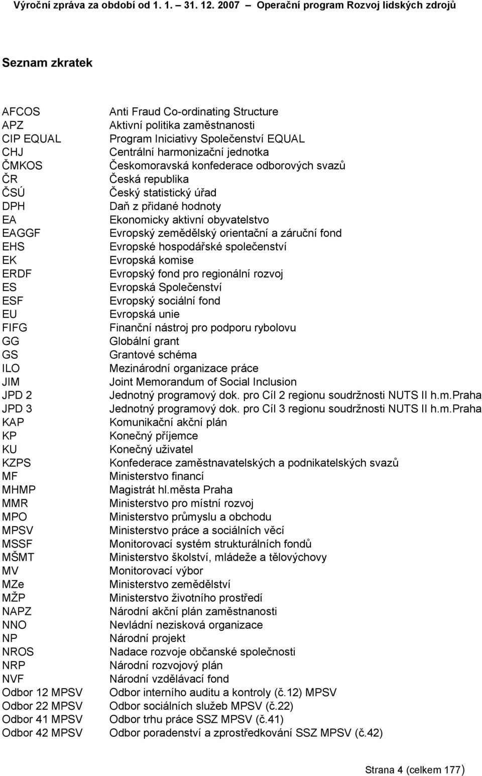 MSSF MŠMT MV MZe MŽP NAPZ NNO NP NROS NRP NVF Odbor 12 MPSV Odbor 22 MPSV Odbor 41 MPSV Odbor 42 MPSV Anti Fraud Co-ordinating Structure Aktivní politika zaměstnanosti Program Iniciativy Společenství