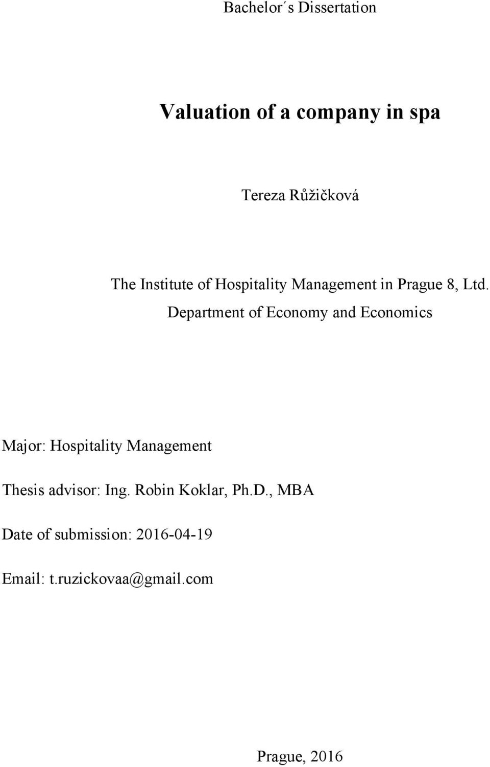 Department of Economy and Economics Major: Hospitality Management Thesis