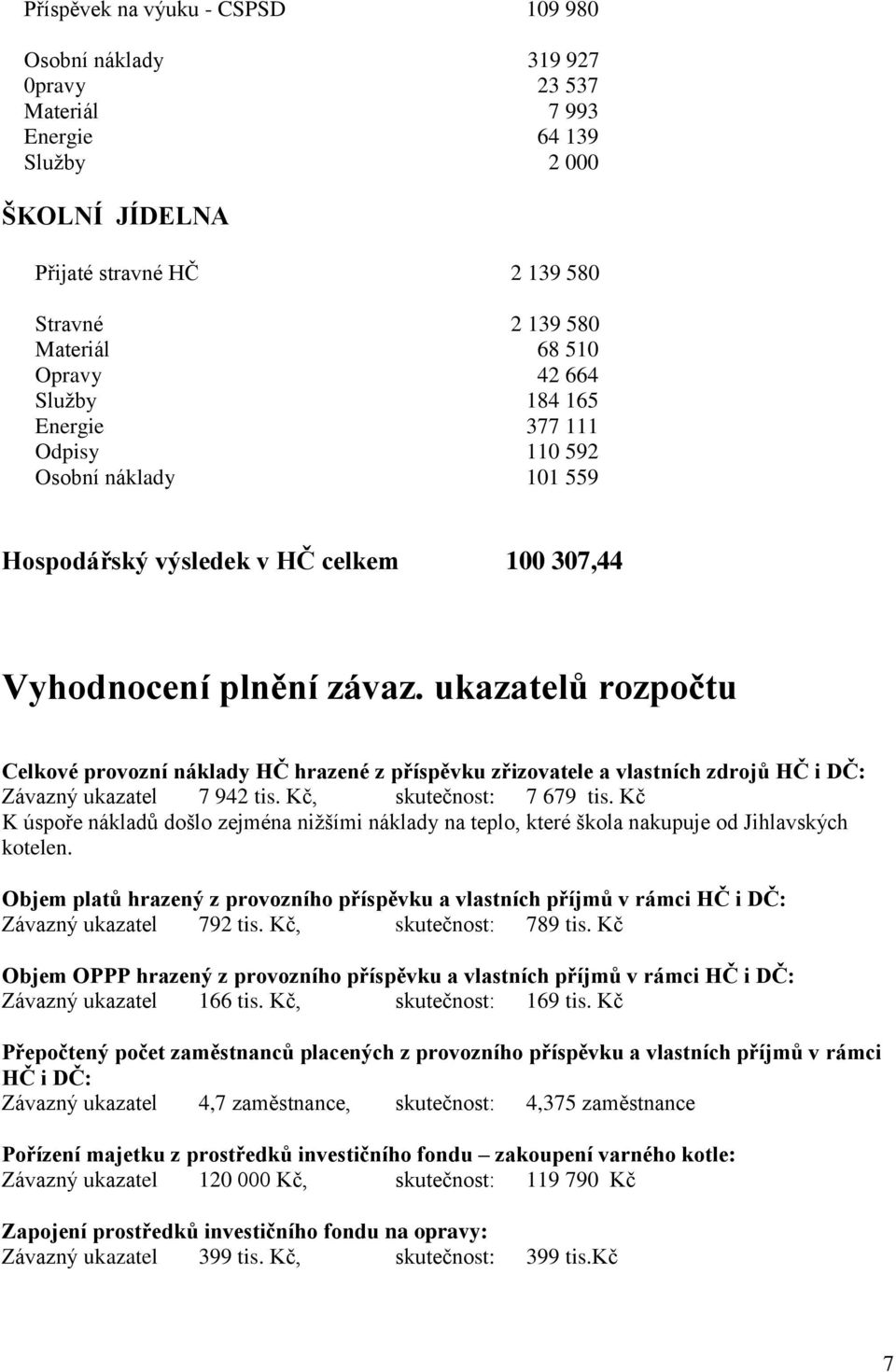 ukazatelů rozpočtu Celkové provozní náklady HČ hrazené z příspěvku zřizovatele a vlastních zdrojů HČ i DČ: Závazný ukazatel 7 942 tis. Kč, skutečnost: 7 679 tis.