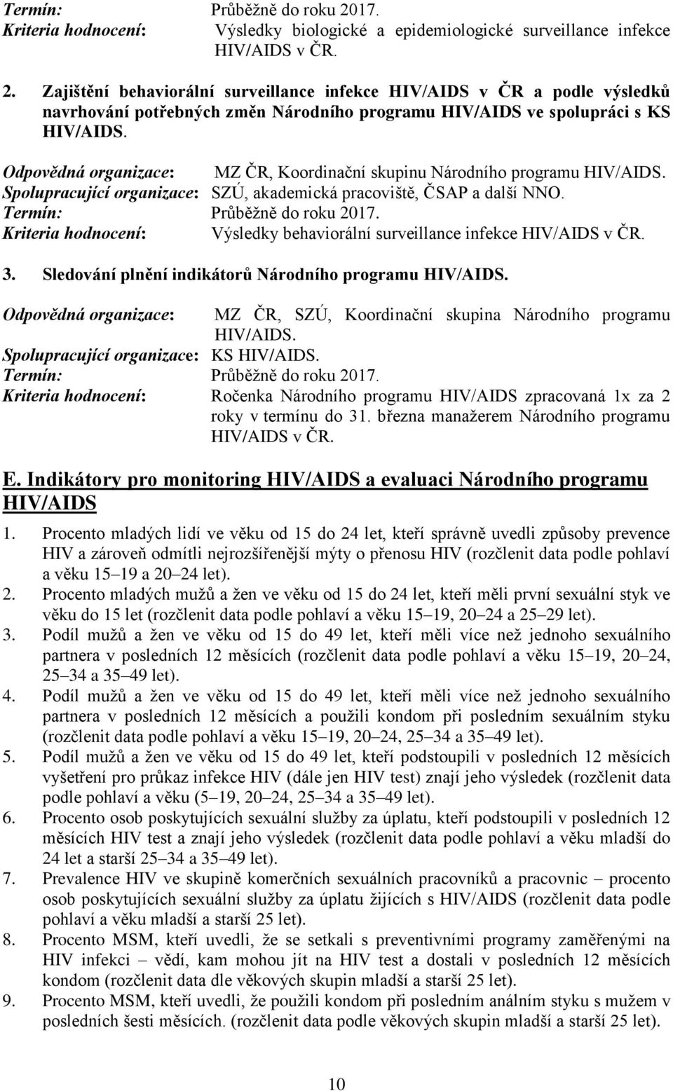 Odpovědná organizace: MZ ČR, Koordinační skupinu Národního programu HIV/AIDS. Spolupracující organizace: SZÚ, akademická pracoviště, ČSAP a další NNO.