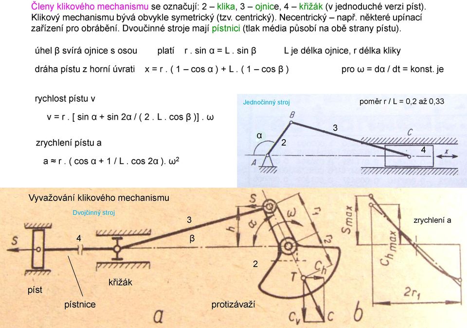 sin β L je délka ojnice, r délka kliky dráha pístu z horní úvrati x = r. ( 1 cos α ) + L. ( 1 cos β ) pro ω = dα / dt = konst.