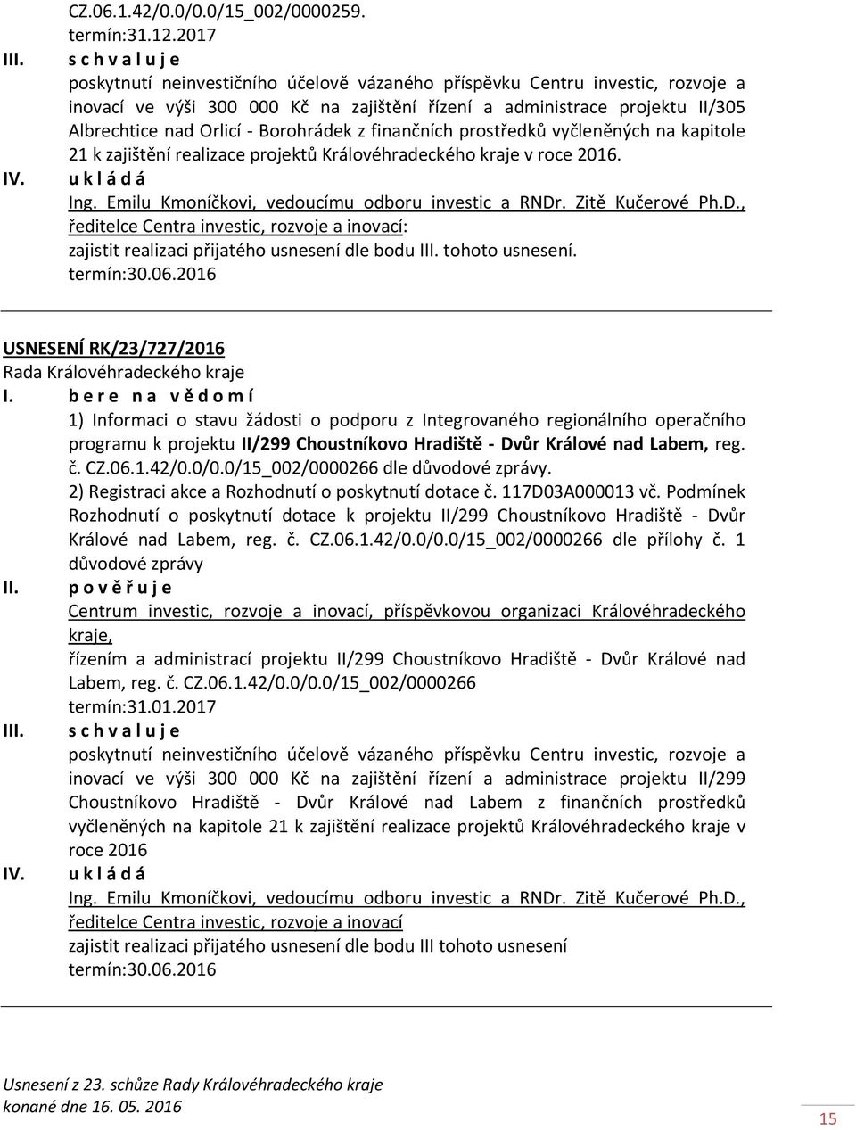 Orlicí - Borohrádek z finančních prostředků vyčleněných na kapitole 21 k zajištění realizace projektů Královéhradeckého kraje v roce 2016. Ing. Emilu Kmoníčkovi, vedoucímu odboru investic a RNDr.