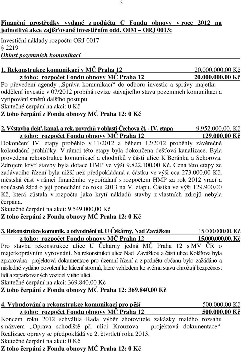 000,00 Kč 20.000.000,00 Kč Po převedení agendy Správa komunikací do odboru investic a správy majetku oddělení investic v 07/2012 probíhá revize stávajícího stavu pozemních komunikací a vytipování