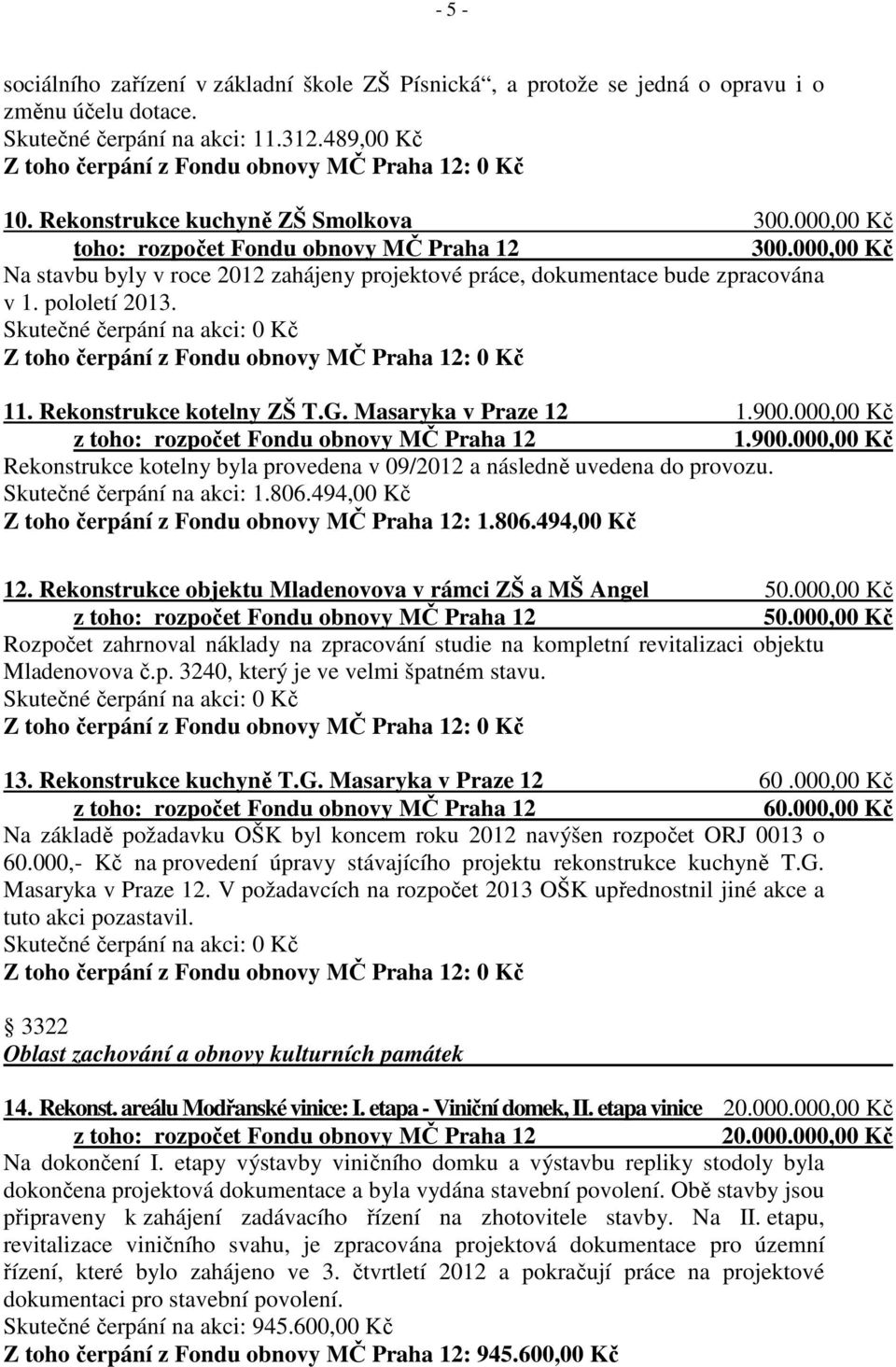 Masaryka v Praze 12 1.900.000,00 Kč 1.900.000,00 Kč Rekonstrukce kotelny byla provedena v 09/2012 a následně uvedena do provozu. Skutečné čerpání na akci: 1.806.