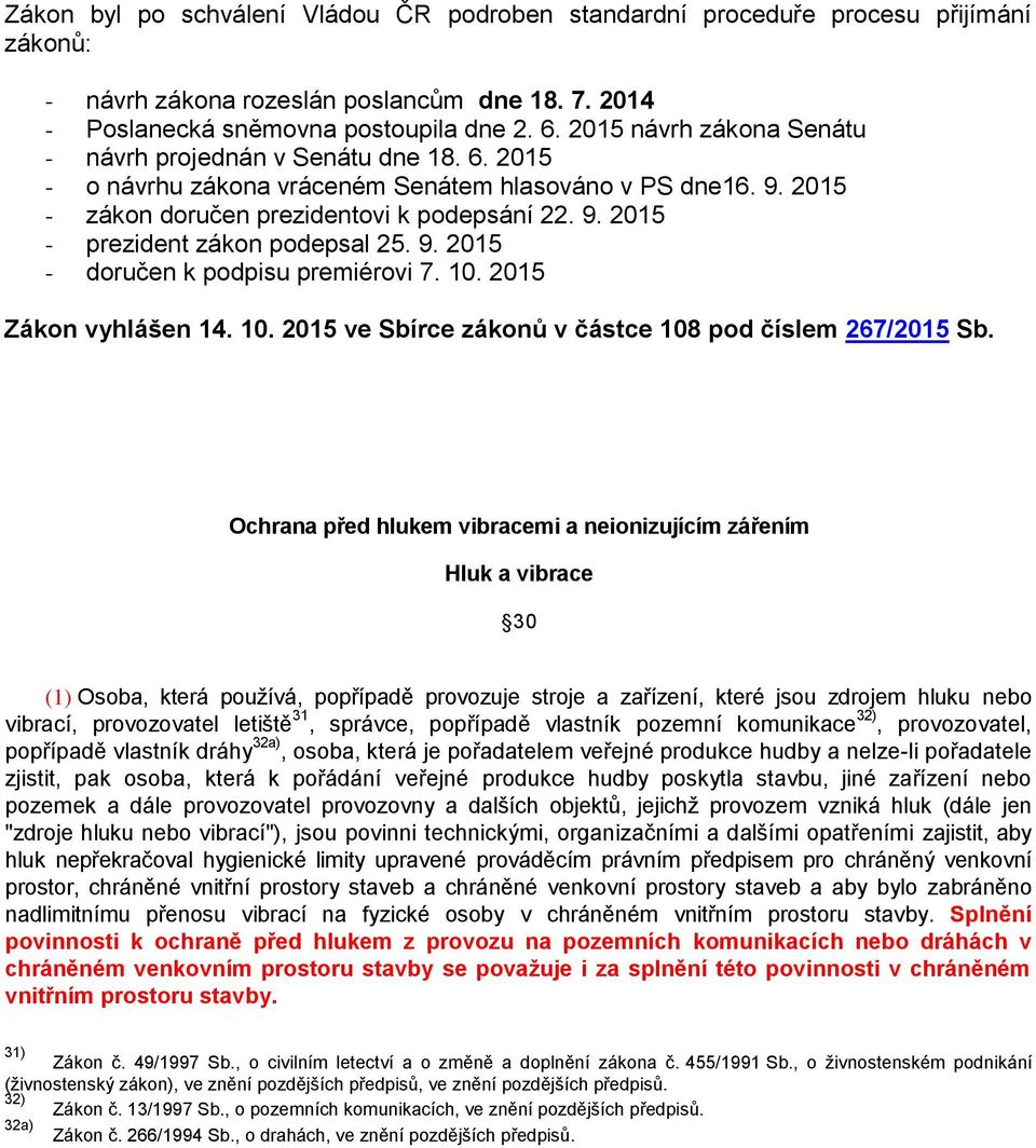 9. 2015 - doručen k podpisu premiérovi 7. 10. 2015 Zákon vyhlášen 14. 10. 2015 ve Sbírce zákonů v částce 108 pod číslem 267/2015 Sb.