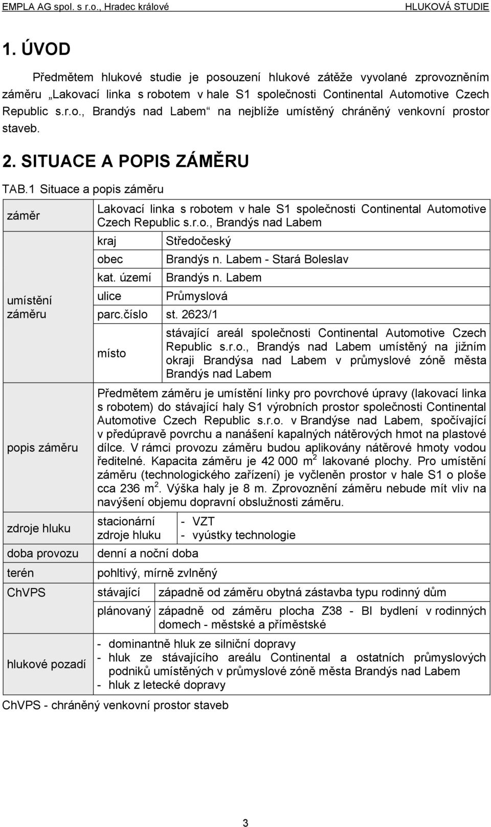 1 Situace a popis záměru záměr umístění záměru popis záměru zdroje hluku doba provozu terén Lakovací linka s robotem v hale S1 společnosti Continental Automotive Czech Republic s.r.o., Brandýs nad Labem kraj obec kat.