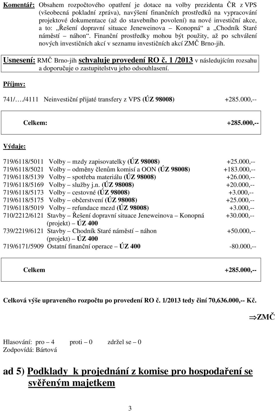 Finanční prostředky mohou být použity, až po schválení nových investičních akcí v seznamu investičních akcí ZMČ Brno-jih. Usnesení: RMČ Brno-jih schvaluje provedení RO č.