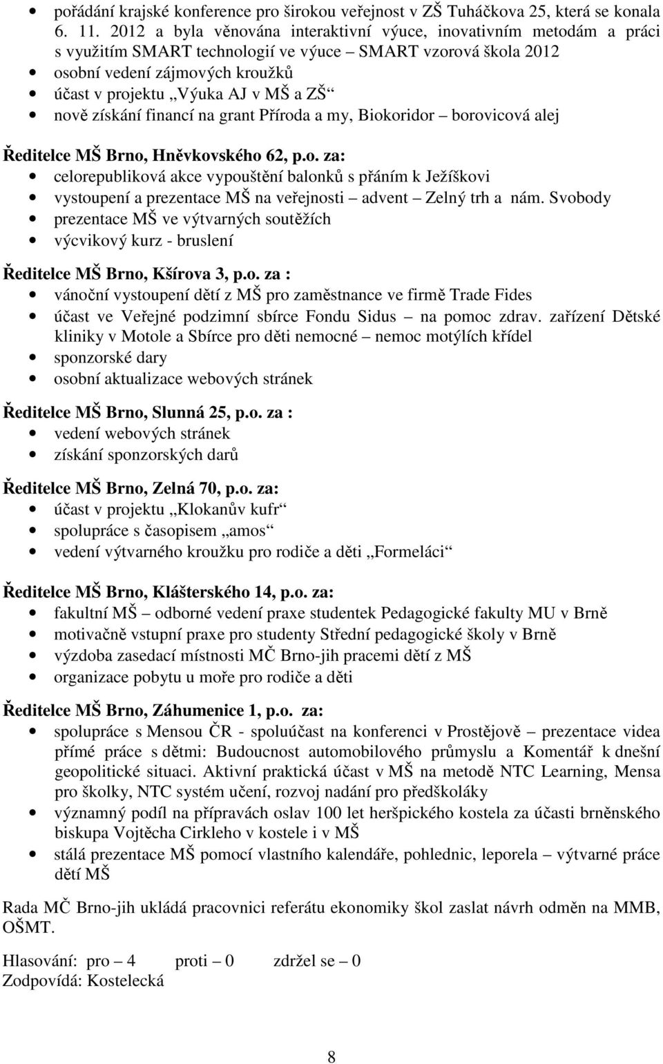nově získání financí na grant Příroda a my, Biokoridor borovicová alej Ředitelce MŠ Brno, Hněvkovského 62, p.o. za: celorepubliková akce vypouštění balonků s přáním k Ježíškovi vystoupení a prezentace MŠ na veřejnosti advent Zelný trh a nám.