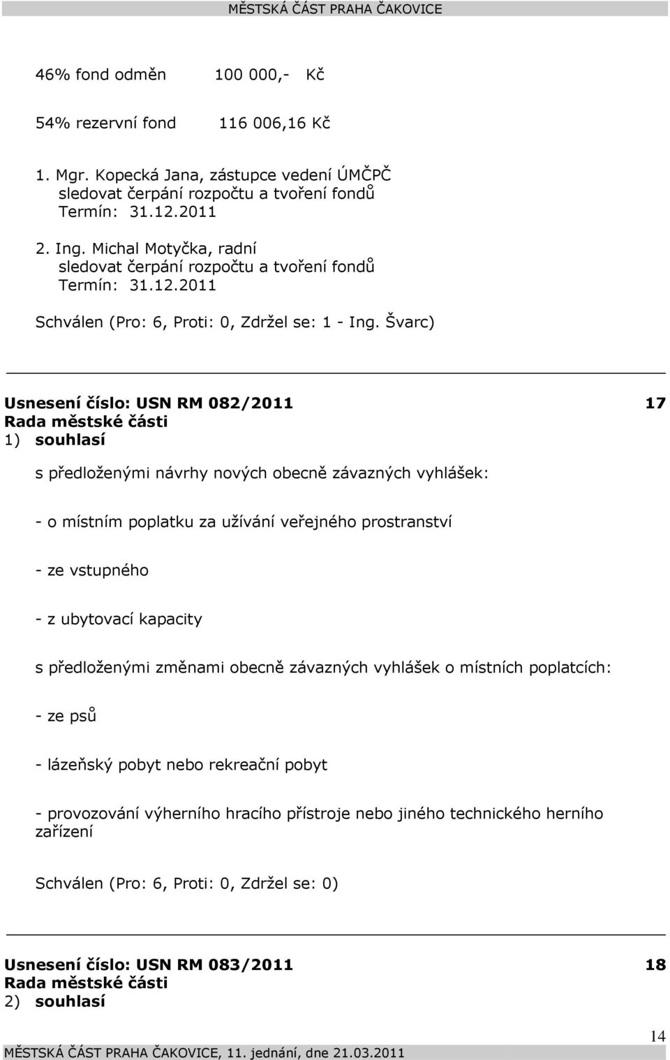 Švarc) Usnesení číslo: 082/2011 1) souhlasí 17 s předloženými návrhy nových obecně závazných vyhlášek: - o místním poplatku za užívání veřejného prostranství - ze vstupného - z