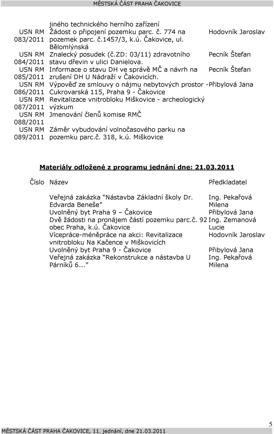 Informace o stavu DH ve správě MČ a návrh na Pecník Štefan zrušení DH U Nádraží v Čakovicích.