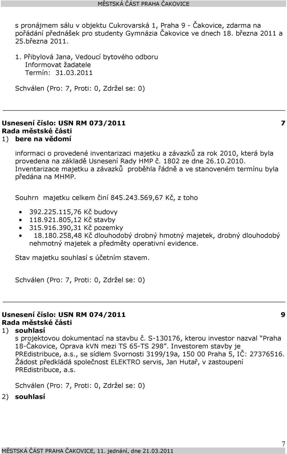 která byla provedena na základě Usnesení Rady HMP č. 1802 ze dne 26.10.2010. Inventarizace majetku a závazků proběhla řádně a ve stanoveném termínu byla předána na MHMP.