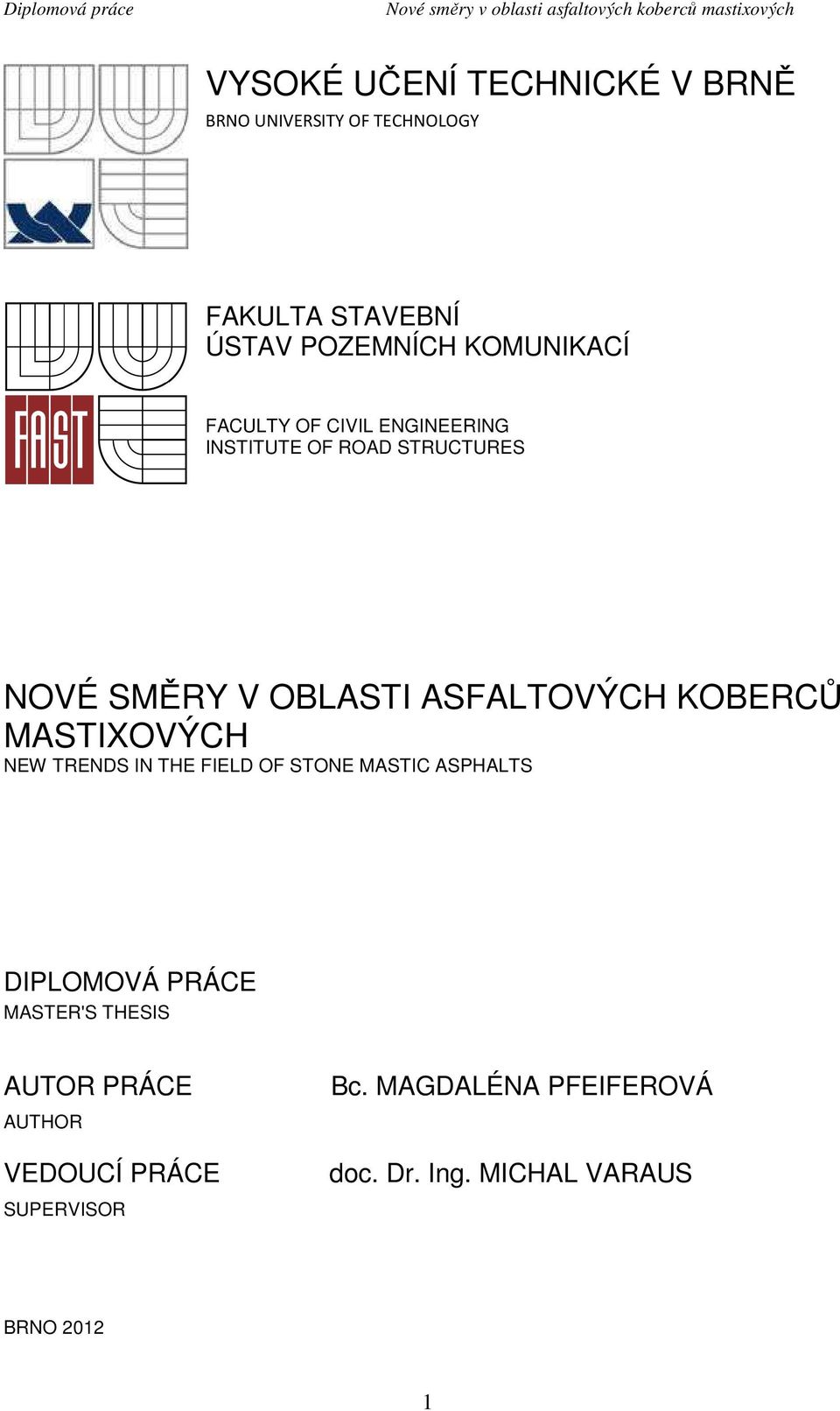 ASFALTOVÝCH KOBERCŮ MASTIXOVÝCH NEW TRENDS IN THE FIELD OF STONE MASTIC ASPHALTS DIPLOMOVÁ PRÁCE