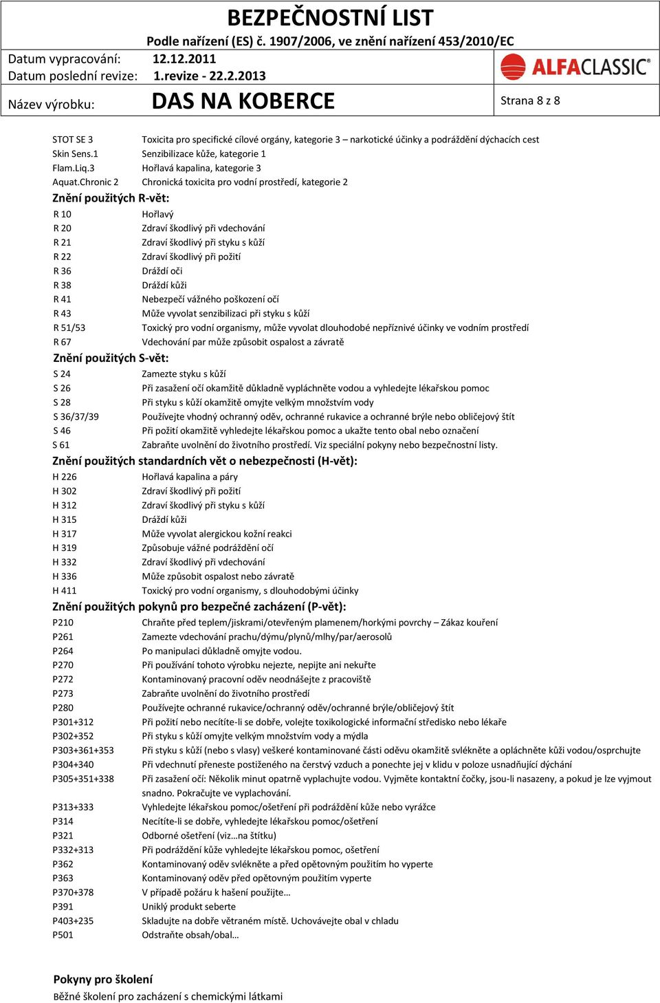 Chronic 2 Chronická toxicita pro vodní prostředí, kategorie 2 Znění použitých R-vět: R 10 Hořlavý R 20 Zdraví škodlivý při vdechování R 21 Zdraví škodlivý při styku s kůží R 22 Zdraví škodlivý při