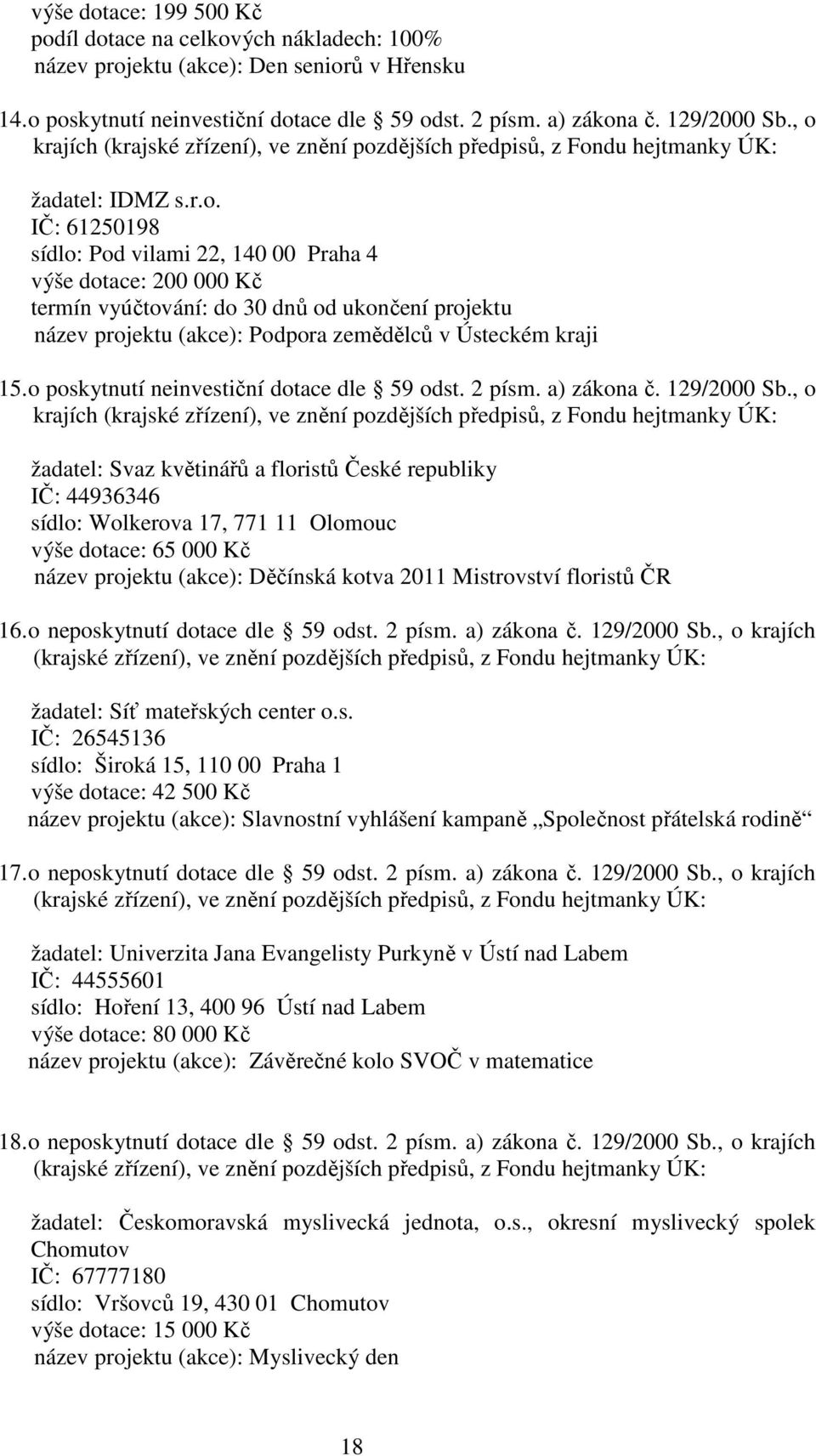 o poskytnutí neinvestiční dotace dle 59 odst. 2 písm. a) zákona č. 129/2000 Sb.