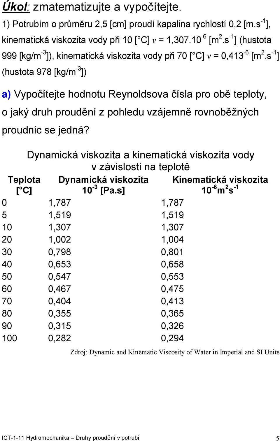 s -1 ] (hustota 978 [kg/m -3 ]) a) Vypočítejte hodnotu Reynoldsoa čísla pro obě teploty, o jaký druh proudění z pohledu zájemně ronoběžných proudnic se jedná?