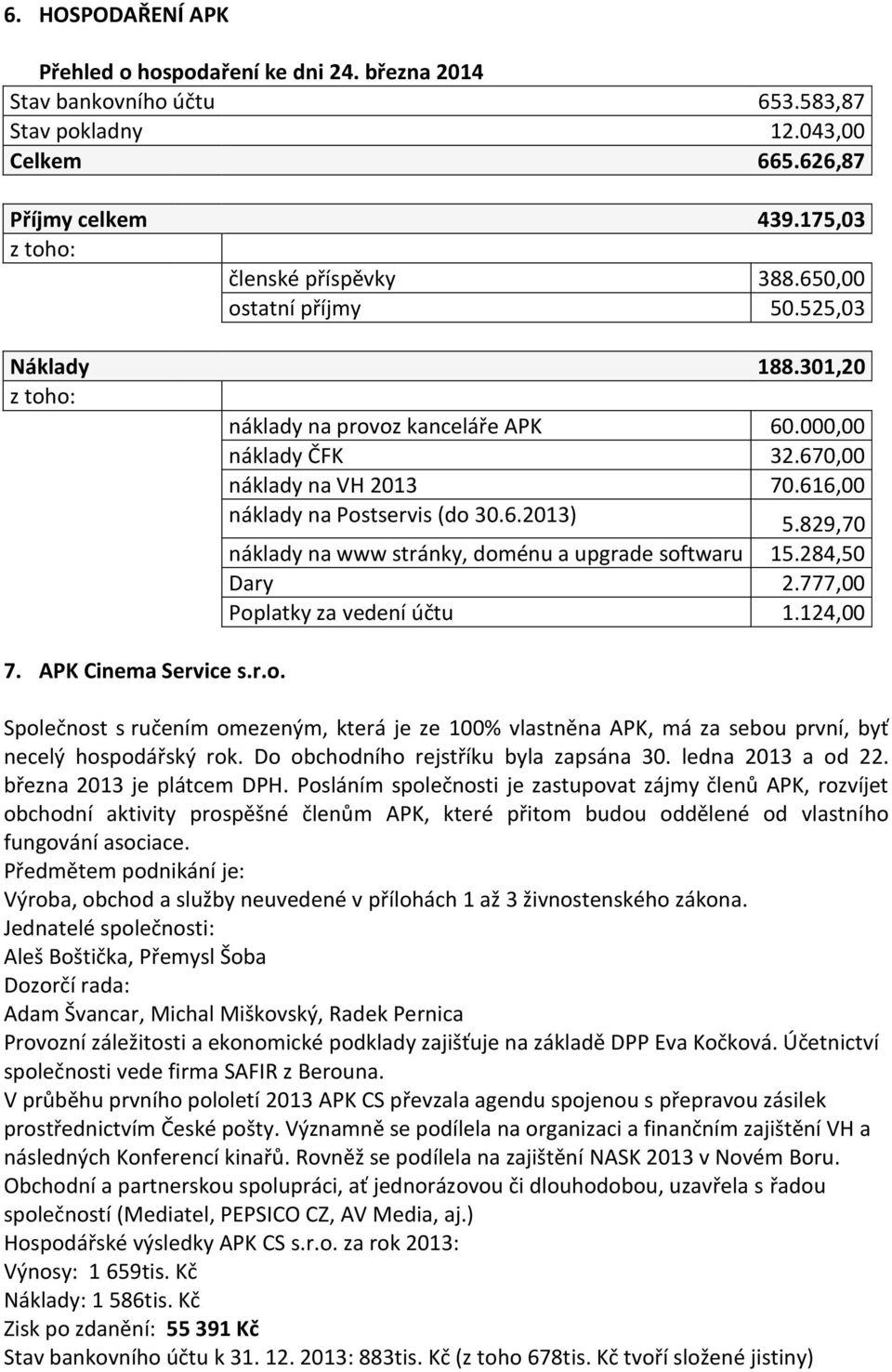829,70 náklady na www stránky, doménu a upgrade softwaru 15.284,50 Dary 2.777,00 Poplatky za vedení účtu 1.124,00 7. APK Cinema Service s.r.o. Společnost s ručením omezeným, která je ze 100% vlastněna APK, má za sebou první, byť necelý hospodářský rok.